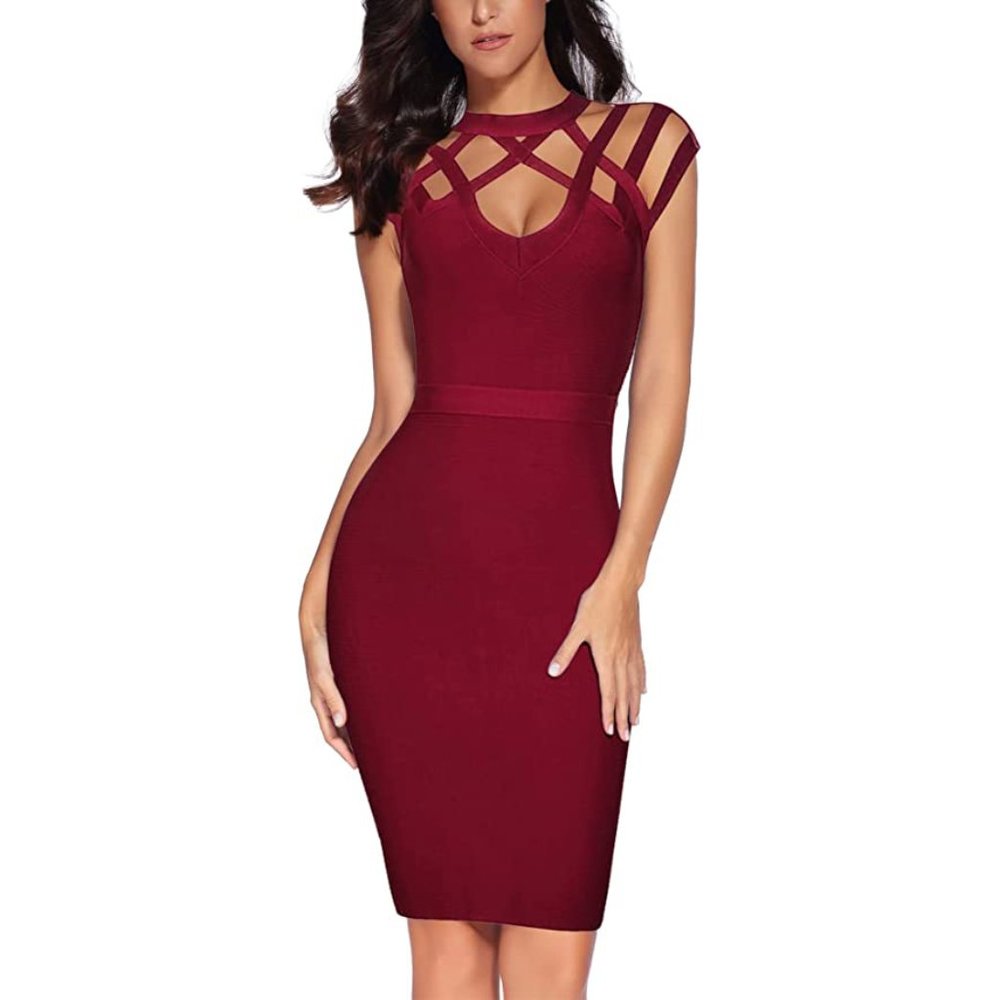 meilun Womens Rayon Hight Neck Cut Out Bandage Bodycon Dress Large